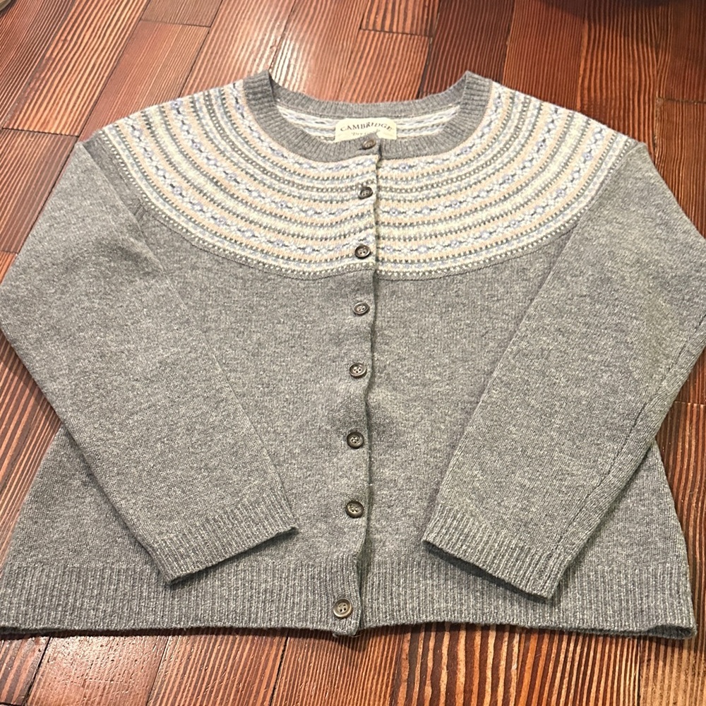 Vintage Cambridge Dry Goods Lambswool Fair Isle Cardigan Gray Patterned Womens M